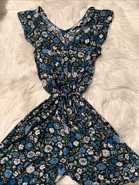LOFT Black Floral V-Neck Tie-Waist Jumpsuit with Blue & White Flowers